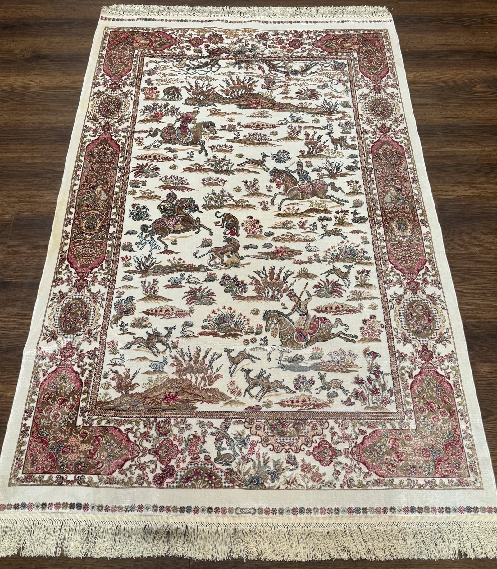 Turkish Silk Hunting Scene Rug 4x6, Ivory, Bamboo Silk, New