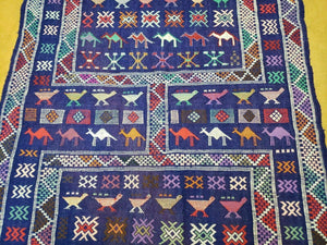 3' X 7' Vintage Handmade Indian Wool Kilim Flat weave Rug Camel Birds Blue Geometric Short Runner