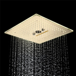 Flushed Mounted Brushed Gold 16'' x 16'' Shower Head: Featuring 64 LED Lights, Music, Rainfall, Waterfall, Mist, 360 Degrees Rotation, and Hydro Jet Technology