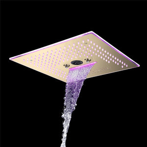 Flushed Mounted Brushed Gold 16'' x 16'' Shower Head: Featuring 64 LED Lights, Music, Rainfall, Waterfall, Mist, 360 Degrees Rotation, and Hydro Jet Technology