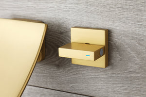 Brushed Gold Wall Mount Waterfall Bathroom Sink Faucet with Overflow Brass Pop-Up Drain