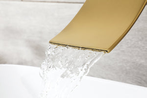 Brushed Gold Wall Mount Waterfall Bathroom Sink Faucet with Overflow Brass Pop-Up Drain