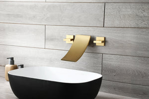 Brushed Gold Wall Mount Waterfall Bathroom Sink Faucet with Overflow Brass Pop-Up Drain