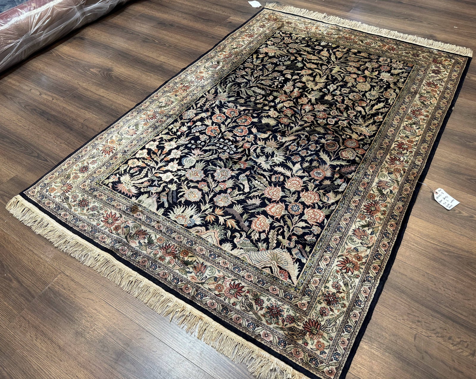 Silk Rug 4x6, Black and Cream, Floral & Bird Pictorials, Fine 330 KPSI, Sino Persian Rug