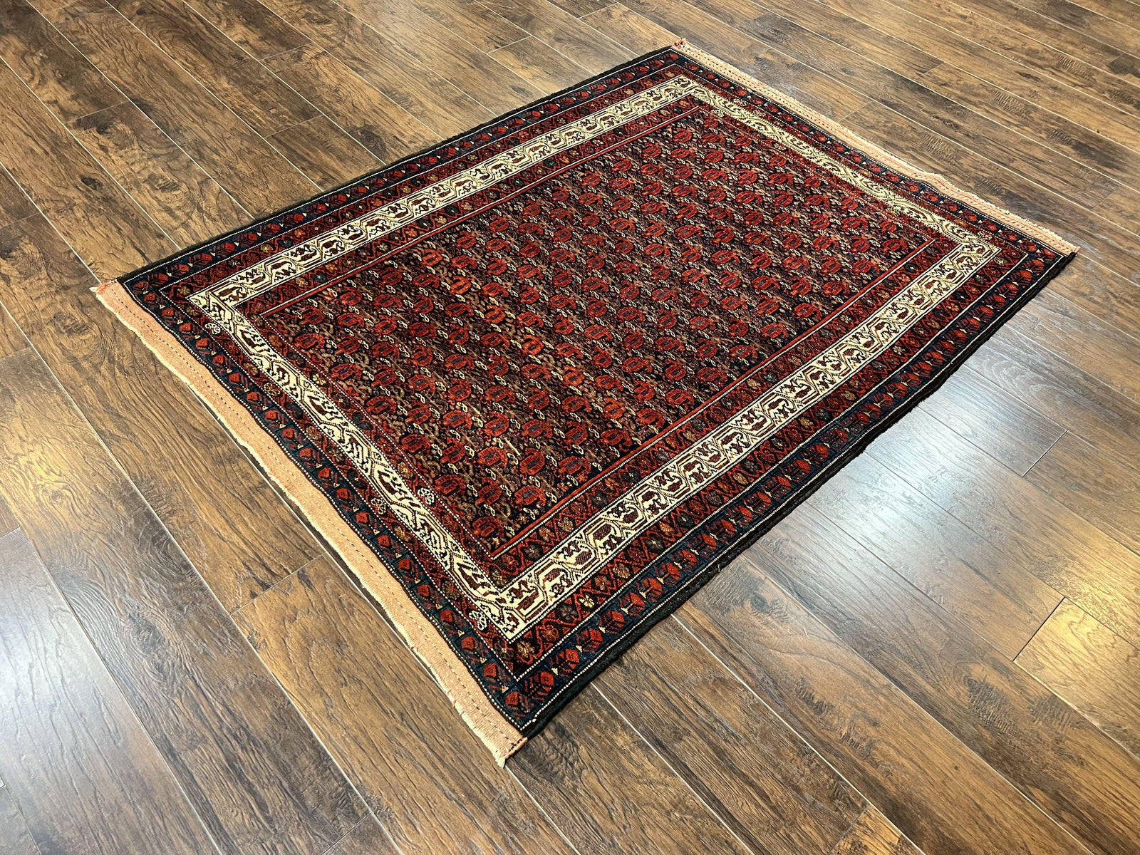 Persian Kurdish Rug 5x6, Wool Hand Knotted Vintage Carpet, Red Blue Cream, Boteh Paisley Pattern, 5 x 6 Medium Sized Oriental Rug