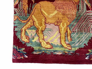 3 X 5 Handmade Rug New Vintage Rug Quality Wool Pictorial Lion Jungle Veg Dyes