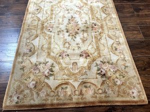 Chinese Aubusson Rug 3.6 x 5, Beige and Gold, Handmade Vintage Elegant European Design Carpet, Plush Wool, Handmade