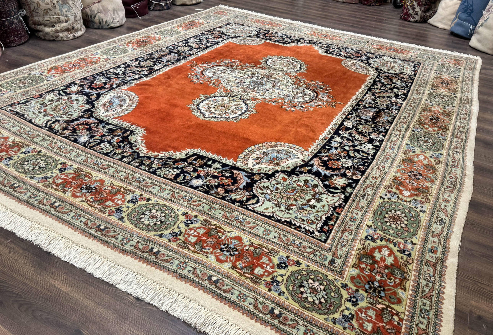 Persian Rug 11x13, Semi Open Field, Soft Wool Pile, Vintage Persian Carpet, Persian Tabriz Tabatabai