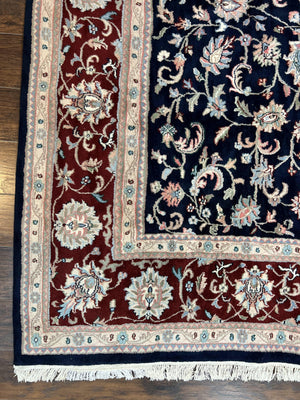 Indo Perisan Rug 9x12, Floral Allover, Midnight Blue and Dark Red Room Sized Carpet 9 x 12 ft, Hand Knotted Wool Vintage Indian Oriental Rug