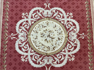 Aubusson Rug 9x12 ft, Red and Ivory Elegant Aubusson Carpet, Flatweave, Vintage Wool Handmade Area Rug 9 x 12, French European Design
