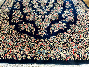 Antique Persian Kerman Rug 10x13, Navy Blue Floral Carpet, Fine 270 KPSI