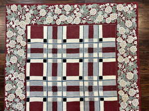 Indian Hand Stitched Rug 4x6, Vintage Carpet, Checkerboard Floral Pattern, Maroon Ivory, Flatweave, Wool