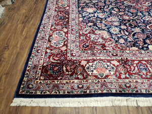 Vintage Dark Blue Persian Room Sized Rug 8x10, Wool & Silk Highlights Hand-Knotted Midnight Blue Red Floral Carpet, 8 x 10 Living Room Rug