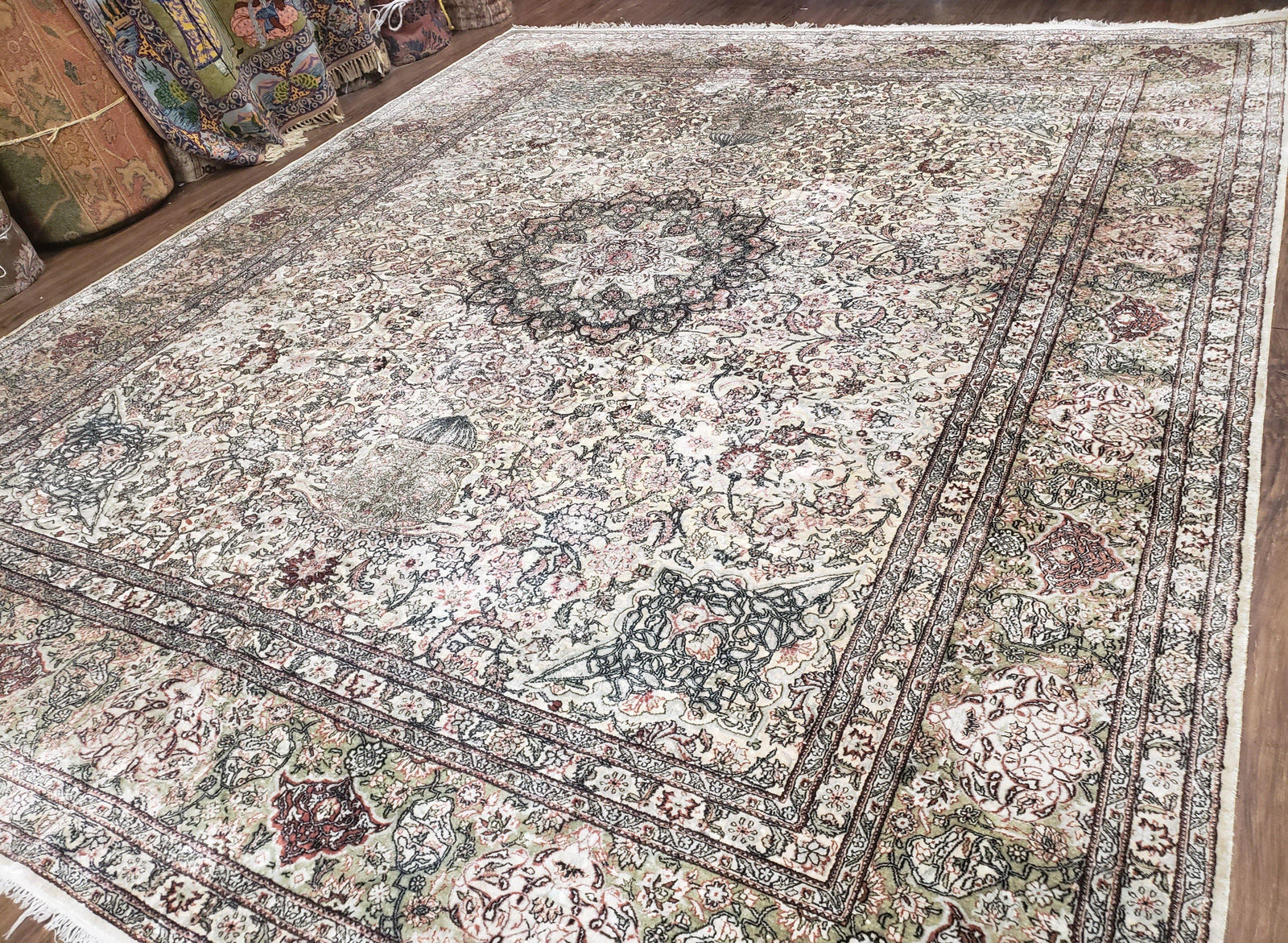 Vintage Indian Room Sized Silk Rug 8x10, Indo Kashmiri Carpet, Hand-Knotted Persian Oriental Carpet, Floral Medallion Allover Pattern, Ivory
