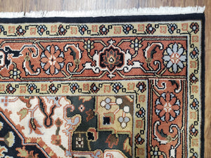 Vintage Indo Heriz Area Rug 8x10, Indo Persian Carpet 8 x 10, Red Dark Blue & Beige/Cream Indian Rug, Decorative Pattern, Wool, Hand-Knotted