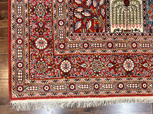 Persian Qum Rug 9x13, Multicolor Panel Design, Red Blue Cream, Hand Knotted Vintage Large Wool Rug