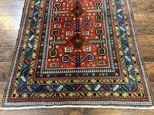Colorful Persian Ardabil Rug 4x7, Red Blue Gold, Geometric Caucasian Design, Vintage