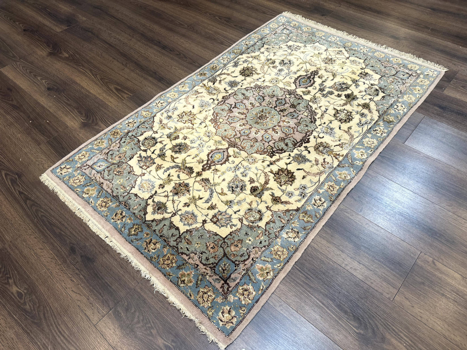 Persian Isfahan Rug 3x5, Fine 310 KPSI, Kork Wool Silk Foundation, Cream & Light Green