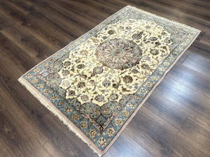 Persian Isfahan Rug 3x5, Fine 310 KPSI, Kork Wool Silk Foundation, Cream & Light Green