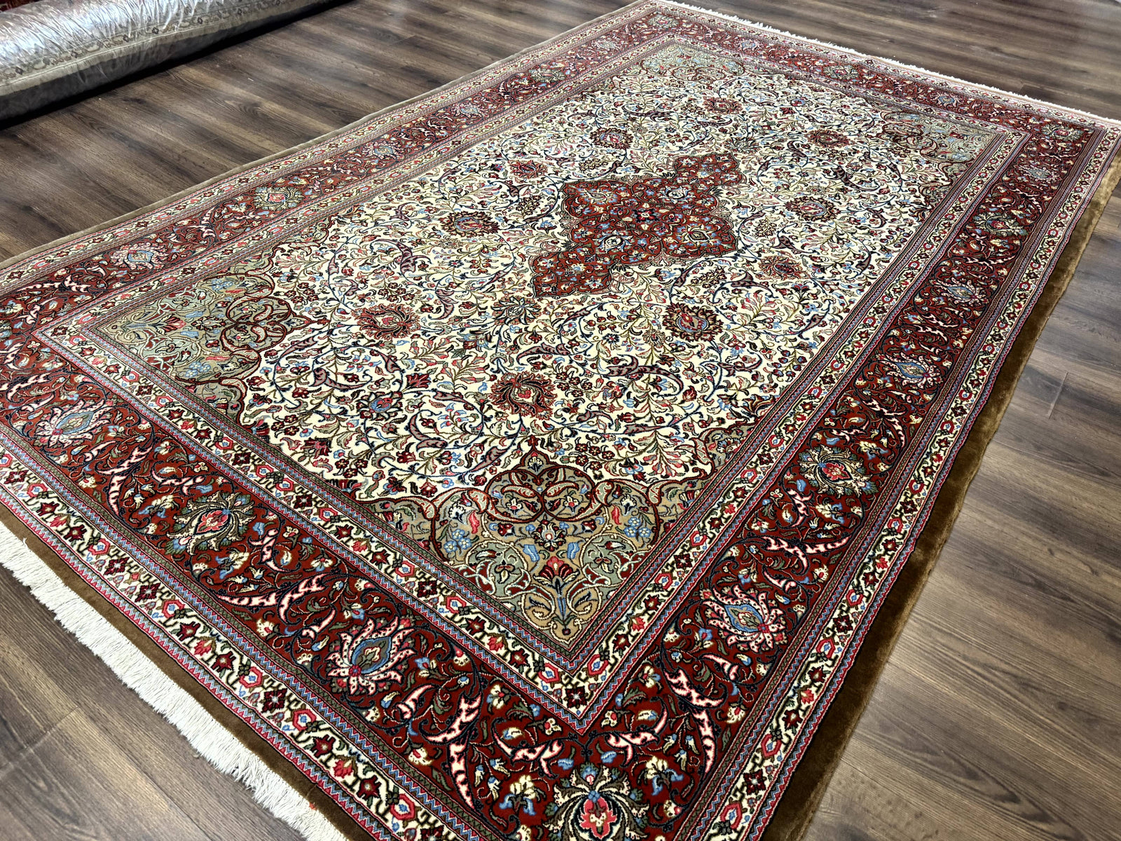 Persian Qum Rug 7x11, Beige and Red, Highly Detailed Floral Pattern, Fine 260 KPSI