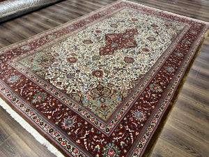 Persian Qum Rug 7x11, Beige and Red, Highly Detailed Floral Pattern, Fine 260 KPSI