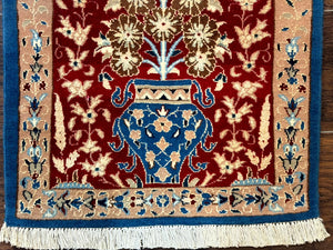 Small Persian Nain Rug, Persian Vase Tree of Life Design, Red and Blue, Very Fine 260 KPSI, Wool and Silk Highlights
