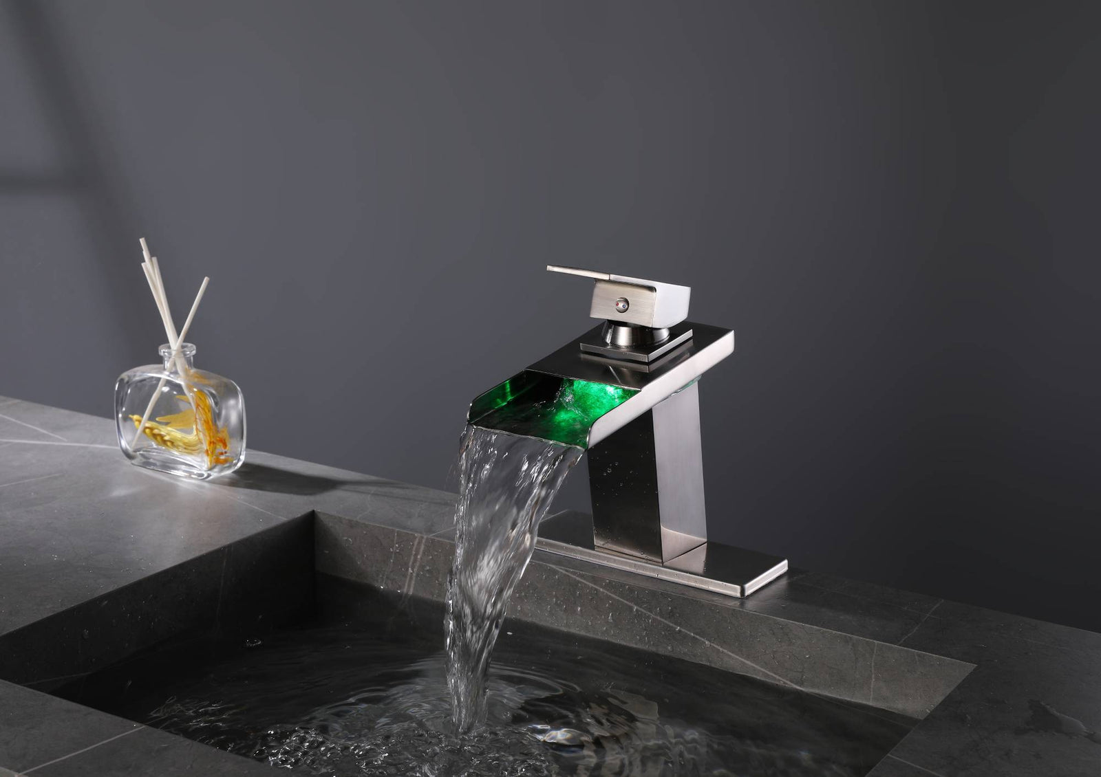 Brushed nickel waterfall 3 LED light single handle brass bathroom faucet with pop up brass drain