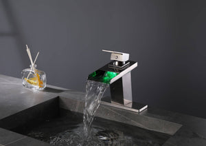 Brushed nickel waterfall 3 LED light single handle brass bathroom faucet with pop up brass drain