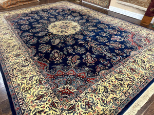 Sino Persian Kerman Rug 10x14, Blue and Beige, Floral Medallion, Fine 240 KPSI
