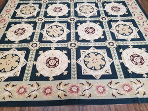 Vintage Chinese Needlepoint Rug 6x9, Panel Design Area Rug Wool Hand-Woven Black & Ivory Carpet Flat Weave Bedroom Rug 6 x 9 Living Room Rug