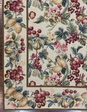 Floral Needlepoint Rug 6x9, Fruits Grapes Allover Floral Design, Beige/Cream Colorful Wool Vintage Needlepoint Carpet, Needlepoint Area Rug