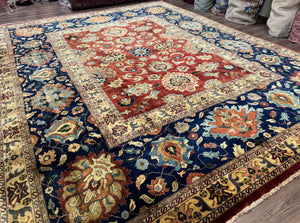 Palace Size Indo Persian Rug 12x15, Sultanabad Mahal Carpet, Red Navy Blue, Fine 210 KPSI
