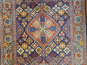 Wonderful Persian Kashan Rug 5x7, Dark Blue and Multicolor Panel Design, Wool Vintage Hand Knotted Carpet
