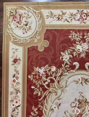 Aubusson Needlepoint Rug 5x8, Red Ivory Tan, Vintage Needlepoint Carpet 5 x 8 ft, Handmade Hand woven Wool, French European, Medium Size Rug