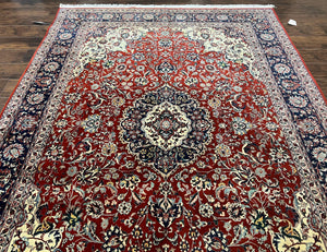 Fine Sino Persian Rug 7x10 ft, Floral Central Medallion Oriental Carpet, Red Navy Blue Cream, Hand Knotted Wool Traditional Vintage Rug