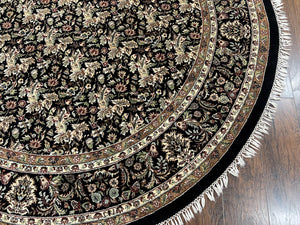 Round Oriental Rug 8x8 ft, William Morris Floral Pattern Carpet, 8 x 8 ft Round Rug, Black Cream and Tan 8ft Round Handmade Indo Persian Rug