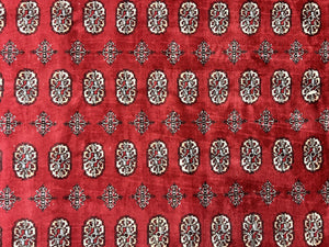 Turkoman Rug 8 x 11.6, Red Bokhara Pakistani Carpet, Wool Handmade Vintage Rug