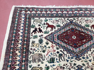 Vintage Indo Persian Area Rug 4.7 x 7.6, Wool Hand-Knotted Ivory Carpet, Animal Pictorials, Elephants Horses Lions, Indian Carpet, Unique