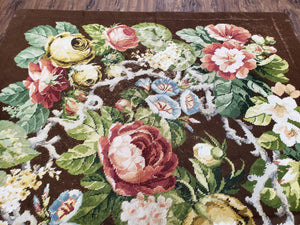 Floral Needlepoint Rug, Medium Rug, Vintage Area Rug, Handmade Flat Weave Rug, Dark Brown Rug, Multicolor Large Colorful Flowers, 6x8