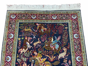 Indian Kashmiri Wool & Silk Rug 4x6 ft, Hunting Scene, Midnight Blue, Hand-Knotted, Archers, Swords, Horses, Vintage Antique Oriental Carpet