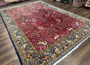 Persian Qum Rug 9x12, Animal Pictorials, Deer Birds, Tree of Life, Red and Navy Blue