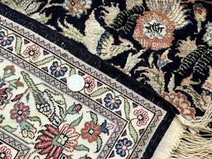 Silk Rug 4x6, Black and Cream, Floral & Bird Pictorials, Fine 330 KPSI, Sino Persian Rug