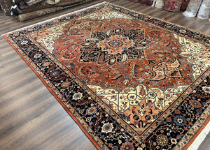 Indo Persian Heriz Rug 9x12, Geometric Medallion, Vintage Oriental Carpet, Handmade Room Sized Wool Heriz Serapi Rug, Red Navy Blue Cream
