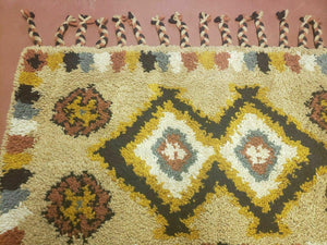 Portuguese Rya Style Shag Rug Moroccan Design, 4x6 Vintage Colorful Geometric Rug, Handmade Wool Gold Tan, Soft Pile Rug