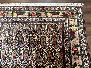 Persian Kurdish Rug 8x11, Repeated Allover Boteh Paisley Design, Bird Pictorials, Rare Antique Sannadaji Carpet