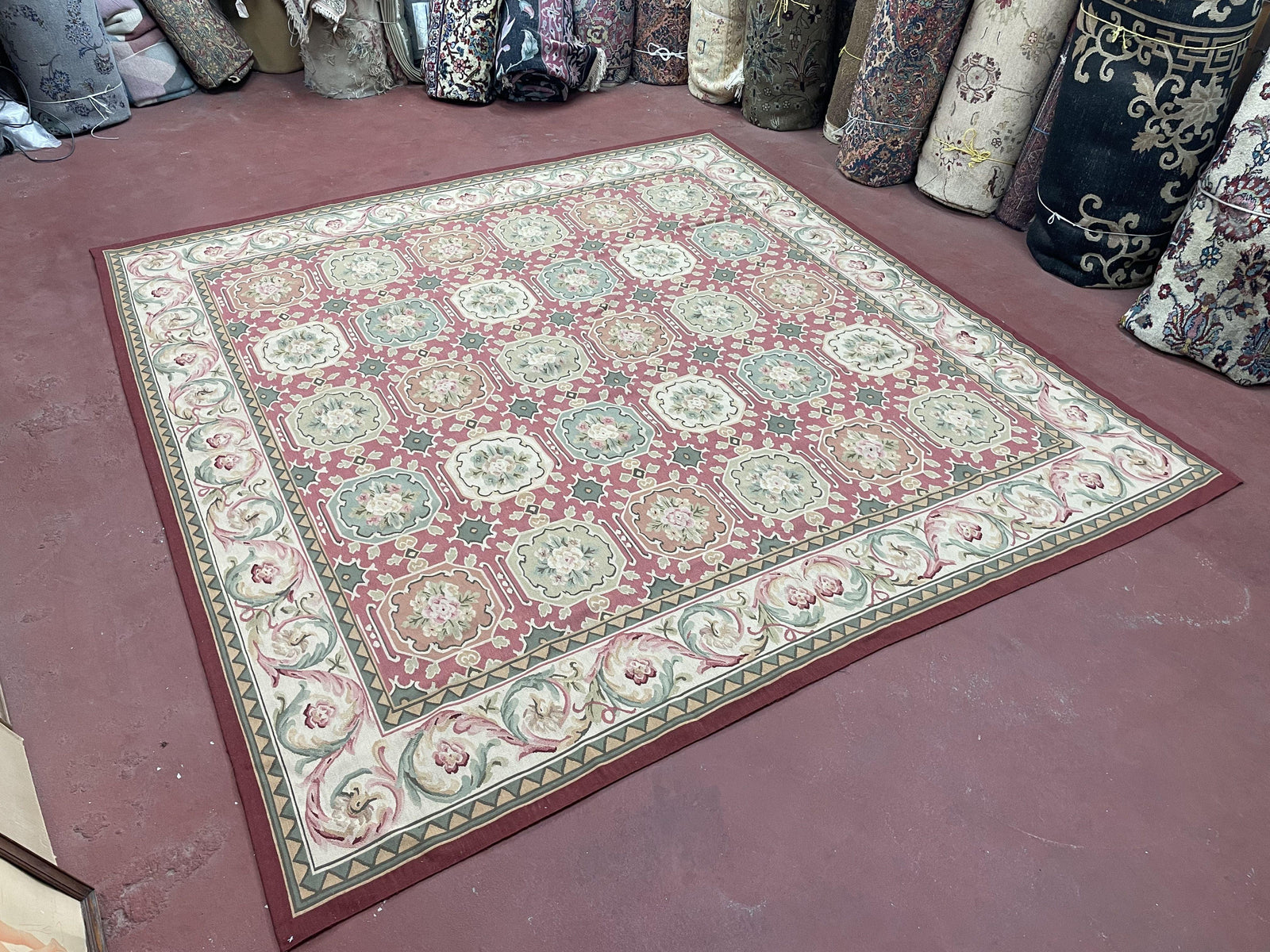 Square Aubusson Rug 9x9, Panel Design, European French English Carpet, Wool