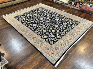 Pak Persian Rug 8x11, Fine Floral Allover Oriental Carpet 8 x 11 ft, Dark Blue and Pink, Room Sized Wool Vintage Rug, Hand Knotted Rug