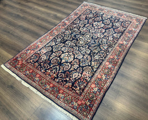 Navy Blue Persian Rug 4x6, Sarouk Mohajeran Carpet, Antique Persian Rug, Floral