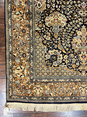 Pak Persian Rug 5x7, Wool Hand Knotted Vintage Fine Oriental Carpet, Birds, Floral Medallion, Traditional Oriental Rug, Dark Blue