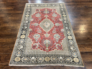 Wonderful Persian Silk Rug 5x7, Birds Floral Vases, Red, Hand Knotted Silk Fine Oriental Carpet, Handmade Vintage, Persian Qum Rug, 400 KPSI